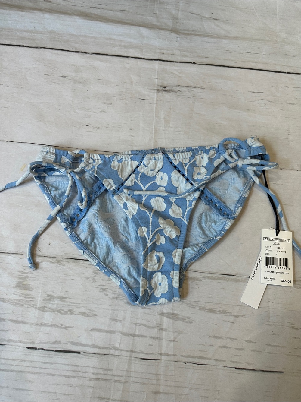 Robin Piccone Light Blue & White Floral Side-Tie Bikini Bottoms size small sadie